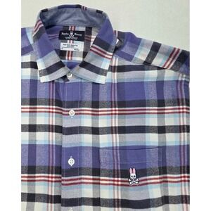 Psycho Bunny Flannel Shirt Men L Plaid Purple Black Long Sleeve Pima LIMITED USE